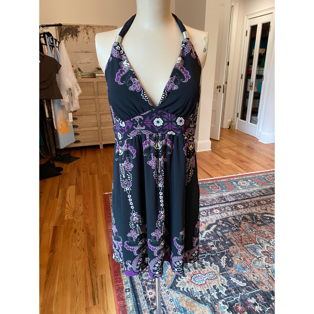 Snap Womens Purple Paisley Floral Halter Mini Dress Black V-Neckβ Size L